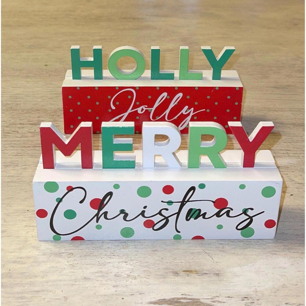 Set of 2 Wooden Tabletop Decor Signs Merry Christmas Holly Jolly New Hobby Lobby
